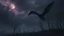 Placeholder: close in center weird crepy bird creature and and far away on sky different small dark crepy birds surreal thriller vibe trees in alternative surreal barren, dry, gloomy world, nightmare in abyss, deep vortex, black, gray, purple, brown, silver, dark red colors, surreal, weird dark fantasy, deep dark colors, sharp lines, crepy stunning, high detalied, weird, fog, shadows, realistic, surreal, highly detailed, melancholic thriller mood