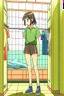 Placeholder: anime girl in a changing room wearing short-shorts and putting on her shirt