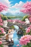 Placeholder: in the center: beautiful chunky cats dancing on a bridge , background: landscape, first plan: pink flowers and a small river with blue water, sky: white clouds with more cats sitting on them