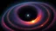 Placeholder: orbiting a black hole from a trillion miles away, peaceful, colorful, dark, ominous, beautiful abyss, vivid, dozens of rings and a large star getting sucked in