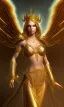 Placeholder: Female angel with big wings and golden crown floating above the ground in the dark, michelangelo style, detailed, world of warcraft style