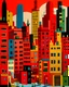 Placeholder: An orangish red metropolis with twisted buildings painted by Stuart Davis