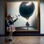 Placeholder: A picture shown in the exhibition in the museum of a girl blowing up a balloon tied to her hand with a string, the balloon comes out of the picture and flies in the museum space