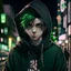 Placeholder: anime guy with short hair and green eyes wearing a black hoodie with face tattoos in shibuya at night side angle