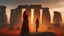 Placeholder: Full body shot of a tall slim red-headed young woman, dressed like a gipsy, standing in front of Stonehenge in a flaming circle, Raphael Lacoste