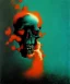 Placeholder: broken skull. black background. smoke and explode. particles in air. teal and orange. abstract. beksinski.