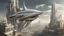 Placeholder: a photorealistic sleek silver spaceship flying over a futuristic ruined city