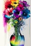 Placeholder: Pen, ink and oil transfer print of flowers in a vase in rainbow colours