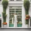 Placeholder: A fashion store in delicate white with green decorations, a large window pane with dresses in all bright colors. In front of the store on each side there is a large plant with bright, colorful flowers!No People