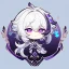 Placeholder: Genshin woman, Clear Focus High resolution, Calm Background, Light skinned woman, Black long beatiful hair, Purple sparkling eyes, Very Beatiful Face, Chibi art