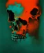 Placeholder: broken skull. black background. smoke and explode. particles in air. teal and orange. abstract. beksinski.