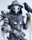 Placeholder: terrifingly cute cyberpunk scarecrow holding a crow, in the style of Android Jones, photography, head to toe, full body shot, white, navy blue grey, very detailed, very clear photo, 3D,