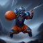 Placeholder: a fierce warrior in full navy blue and orange battle armor, with an S shaped shield, holding a basketball, a highly detailed illustration, background of Inka jungle, realistic render, 8 k, micro detail, intricate, elegant, centered, digital painting, Artstation, smooth, sharp focus, illustration, artgerm, tomasz alen kopera, peter mohrbacher, donato giancola, joseph christian leyendecker, wlop, boris vallejo