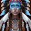 Placeholder: war painted pueblo Indian female,detailed eyes, blue eyes,, disturbed expression.intricate detailethnically accurate face, intricate head dress, detailed make-up, detailed turquoise jewelry, detailed hair, detailed feathers, use dynamic palette, accurate proportions, high contrast black smokey bokeh background.studio ghibli style