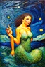 Placeholder: "Shrieking Siren" has a post-impressionist backdrop similar to A Starry Night with a central figure of a shrieking siren blended created with a blend of the styles of Gustav Klimt and Edvard Munch