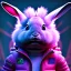 Placeholder: pixar style anamorphic cute cyberpunk rabbit baby, smiling, full body, magenta puffer jacket, manila city backdrop, hyper realistic, unreal engine 5, 16k