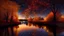 Placeholder: River, trees with golden and red leaves, autumn, a beautiful night sky, visible galaxies