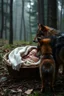 Placeholder: A baby sleeping in a basket covers by a blanket in the middle of a forest . Two wolfs standing by the basket looking at the baby