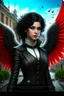 Placeholder: Magic school town background, beautiful angel, ornate school uniform, casting spell water snow fly, black wavy hair, enchanted fantasy, cinematic composition, very detailed red machine components, one camera lens eye and shiny black hair, hazel green eyes, 24k, ornate, intricate, complex, digital painting, smooth, art by royo and tom bagshaw.