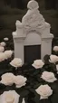 Placeholder: A grave in a field of white roses. Above the grave are swan feathers, a carved dagger, and white lace cloth.cinematic