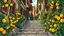 Placeholder: comic art graphic novel art, comic illustration, highly detailed A city with wooden shutters closed, surrounded by vibrant golden fruits like oranges and lemons, as well as lush green herbs growing abundantly on both sides of stone stairs that ascend and descend in the foreground.