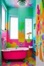 Placeholder: a vibrant bathroom with colors popping and a bathtub on the left corner with a showerhead on top