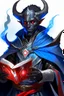 Placeholder: En Young male black skin tiefling fra dnd holding a book with Arcane Magic in a silver and White Rope and a silver cloak. His horn a perfectly place on acet from the front to the back pointing upwards with glowing Red cat Eyes glowing Blue Arcane Magic around them ice crystals flowing around him. His close is elegant get simple. A ad