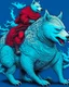 Placeholder: Wolf antropomorfico montado un oso gigante, arte lineal colores rojo, plateado, azul y blanco, maximalista, hiperdetallado