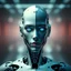 Placeholder: a robot with a face and a head with a human body, blue eyes, reflection, science fiction, android, bald, cyborg, mechanical parts, split theme