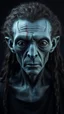 Placeholder: A man in black with a long curly hair . a body shot of a super blue skin alien, full head, old, looking at the camera, super big head, super big black eyes, small mouth, no ears, total black skin. photo real, hyperrealistic, high dynamic range, rich colors, lifelike texturesv, 8K UHD, high color depth. neutral dark background.with scar on his face and a tattoo