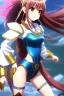 Placeholder: In the style of Kodomo Anime, concept illustration, super-detailed, beautiful teen female who is 16 years old with long ginger hair and freckles, full lips, full body, full face, b-cup breasts, athletic, centred camera, ignore NSFW, skimpy brown fantasy leather armor, halter top, micro thong, knee-high leather boots, open leather skirt, stern expression, cute pose with hands behind butt