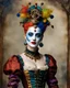 Placeholder: A length image sweet pose photography full body realistic high details Beautiful of Ieuropean woman court jester 18th century with curt jeser hát steampunk gears that with palimpsest multicolour court jester make up on joker clown collage abstract, a portion of her face is smile