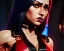 Placeholder: j.scott campbell, serena from mortal kombat, full body portrait, wearing black and red, big eyes, long black hair with red streak, small up turned nose, large breasts, small waist, round butt, standing, dark cobblestone alley, one halo light above, non photorealistic rendering