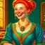 Placeholder: a young noble woman, red hair bun, smiling, joyful, happy to see us, wearing a turquoise embroidered gown with perls, renaissance era, in a ballroom, highly detailed, illustration, character art
