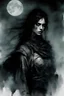 Placeholder: A stern warrior woman, against a rock background, night, moon, darkness, something terrible behind, harsh tones, cold colors, by Agnes Cecile & Luis Royo