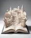 Placeholder: a beautifully ornated fairytale book open in half, from the center pages appears a pop-up origami that represents the city of Macerata in italy; Papercraft, fairytale, children popup book, soft shadows, ambient occlusion, studio lighting, high quality studio advertising photography, 8k, white paper, white background, monochromatic