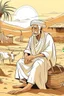 Placeholder: Old man, Arab, turban, white clothes, cattle, desert, council, sun, palm trees, mud houses, holding a stick, looking forward, a very slight smile.cartoon,Sitting on a chair