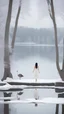 Placeholder: A girl with long black hair wearing a white dress stands in front of Swan Lake surrounded by snow