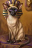 Placeholder: A Oriental shorthair Siamese cat wearing a small Pharoah's crown .The cat is sitting up tall on a purple velvet royal Egyptian cushion with intricate gold design and gold thread tassels. BG is Pharoah on his throne in painterly, airbrushed, image. Bing.