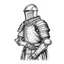 Placeholder: medieval soldier wearing leather amor, drawing outlines, Black and White,