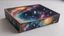 Placeholder: a box 10 cm long by 5 cm wide and 25 cm high, drawn on a box on all sides, space, tress, planets, galaxies a lot of colours, very realistic