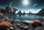 Placeholder: A hyper-realistic 16K 3D photograph of an alien world, with a woman in a spacesuit looking over a rocky shoreline, witch's hat mushrooms with tentacles floating across the sky