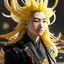 Placeholder: Detailed anime portrait of denki , yellow hair, black suit, intricate details, full body portrait, keep head in frame, slight smile, black Japanese motif, concept art, highly detailed, digital painting, concept art, sharp focus, illustration, art by Yoji Shinkawa, WLOP and greg rutkowski and alphonse mucha and artgerm and yanjun Chen and Junji ito and Makoto Shinkai, HDR, octane render