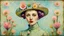 Placeholder: Mixed media portrait of a whimsical woman in vintage spring clothing, styled by Catherine Welz-Stein, MINIMAL DESIGN, 200 encaustic stylization, DeepDream-generated image depicting …