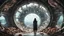 Placeholder: woman standing inside the interior of a ruined alien spaceship, with a circular window, overrun with mushrooms with jellyfish tentacles