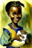 Placeholder: A cute smiling light brown skin african girl is holding a kitten. Watercolour