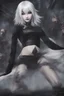 Placeholder: Beautiful goth girl crawling towards the camera in a scary position. White hair, dark make-up, grin on face, black, tight dress. Anime style, super realistic, smoky background