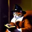 Placeholder: oil portrait of a cat with hat reading a book in a living room with fireplace and smoking a pipe by Diego Velázquez 8k