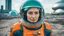 Placeholder: tangerine tango and ultramarine green color blocking, (sci-fi aesthetic:1.4), bright instagram LUT, shot of a (Danish 20 yo woman:1.2) retro-futuristic cosmonaut with a shy smile wearing a glass dome helmet and spacesuit with harness (with futuristic power plant in the background:1.2), skindentation, hourglass figure, waist cincher, on alien landscape with its surface covered in impact craters, valleys, plains and mountains, grey dust, a heavy rain storm, at sunrise, geometric gradients, sci-fi,