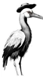 Placeholder: belarusian stork-bird with traditional straw wide-brimmed hat. noir, sketch